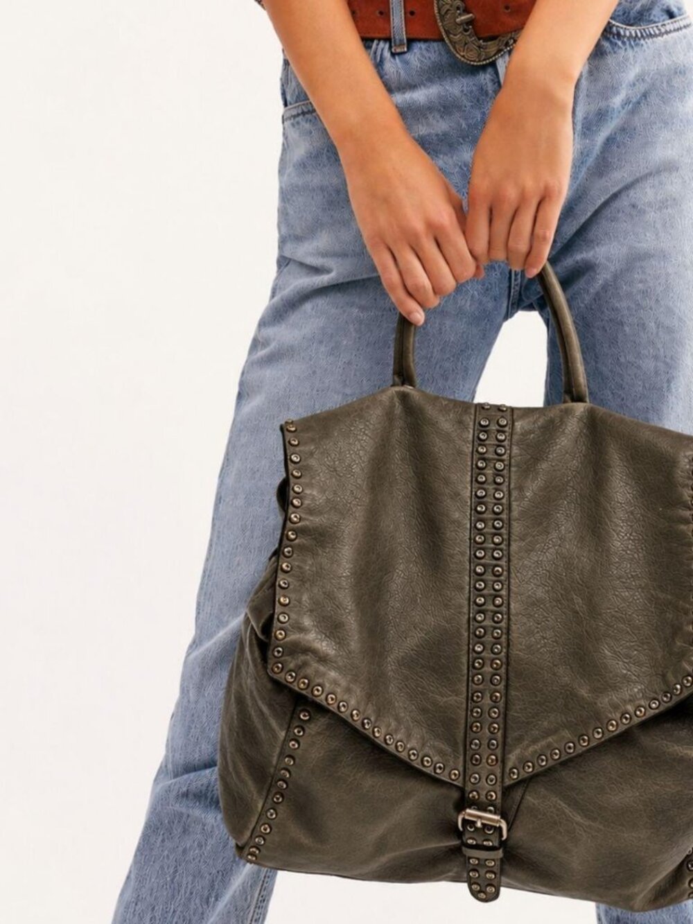Free People We the Free Bianca Studded Leather Messenger Crossbody Bag Olive